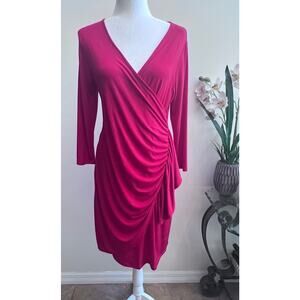 Calvin Klein V-Neck Red Ruched Ruffle Long Sleeve Sheath Midi Dress Women's 6?
